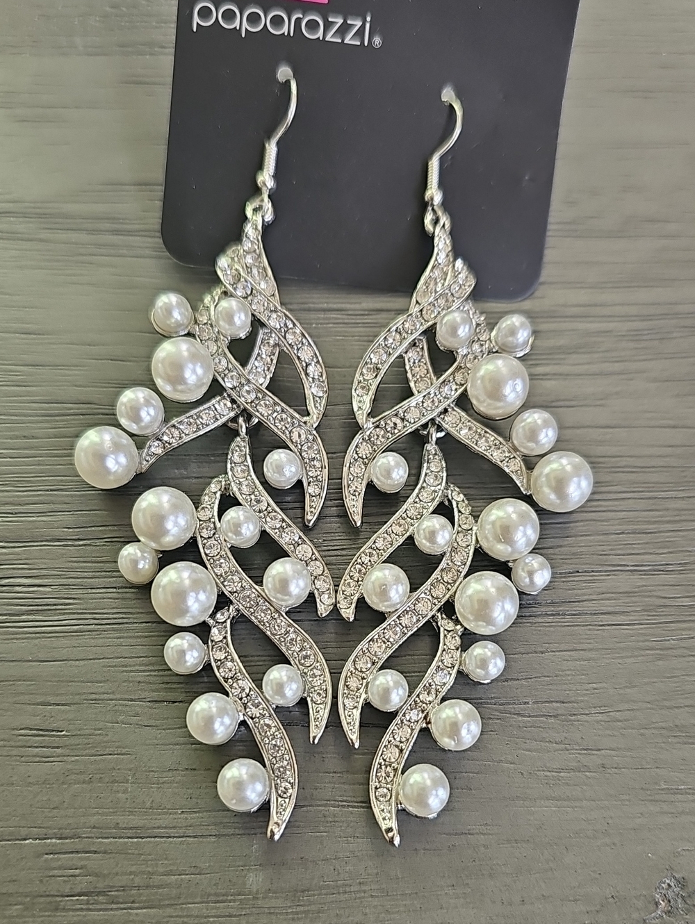Paparazzi Silver and White Pearl Cascading Chandelier Earrings